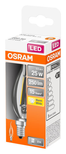 OSRAM LED-Lampe E14, 2.5W, 250lm, warmweiß, klare Retro-Optik, energieeffizient, ideal für stilvolle Beleuchtung.