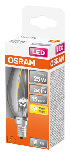 OSRAM LED-Lampe E14 2.5W, 250lm, warmweiß, klare Retro-Optik, energieeffizient, ideal für stilvolle Beleuchtung.