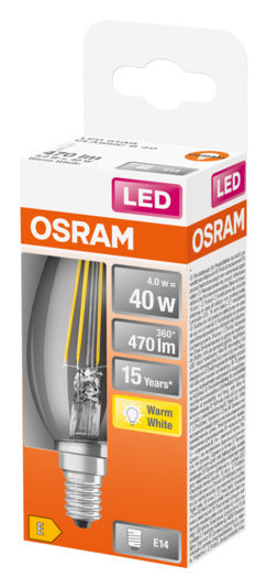 OSRAM LED-Lampe E14 4W, 470lm, warmweiß, klare Retro-Optik, energieeffizient, ideal für stilvolle Beleuchtung.