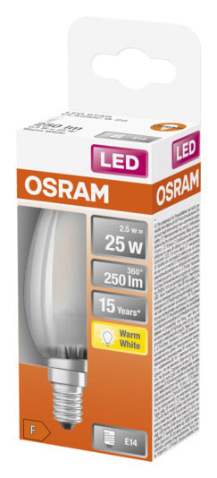 OSRAM LED-Lampe E14, 2.5W, 250lm, warmweiß, frosted, energieeffizient, ideal für gemütliche Beleuchtung, klassisches Design.