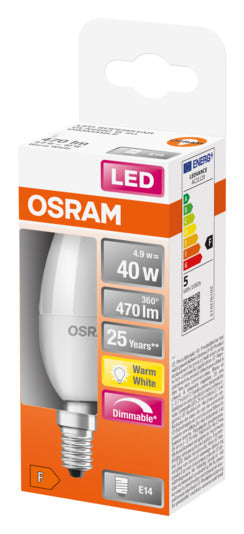 OSRAM LED-Lampe E14, 5W, 470lm, dimmbar, warmweiß, matt, energieeffizient, ideal für gemütliche Beleuchtung.