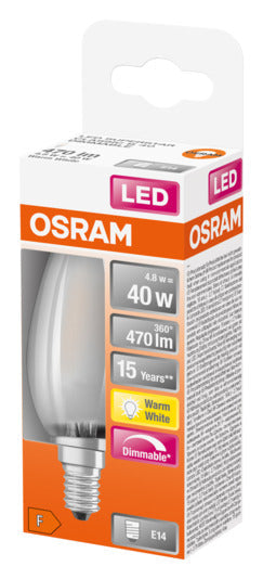 OSRAM LED-Lampe E14, 5W, 470lm, dimmbar, warmweiß, frosted, Retrofit-Design, energieeffizient, ideal für gemütliche Beleuchtung.