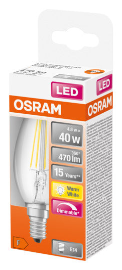 OSRAM LED-Lampe E14, 5W, 470lm, dimmbar, warmweiß, klare Retro-Optik, energieeffizient, ideal für gemütliche Beleuchtung.