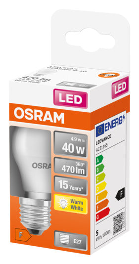 OSRAM LED-Lampe Star Classic P E27, 4.9 W, 470 lm, frosted, warmweiß, energieeffizient, langlebig, ideal für gemütliche Beleuchtung.