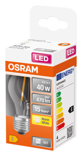 OSRAM LED-Lampe E27, 4W, 470lm, warmweiß, klare Optik, energieeffizient, ideal für gemütliche Beleuchtung in Wohnräumen.