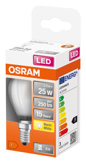 OSRAM LED-Lampe E14, 2.5W, 250lm, warmweiß, frosted, energieeffizient, ideal für gemütliche Beleuchtung, langlebig und modern.