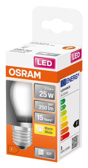OSRAM LED-Lampe E27, 2.5W, 250lm, warmweiß, frosted, energiesparend, ideal für gemütliche Beleuchtung, Retrofit-Design.