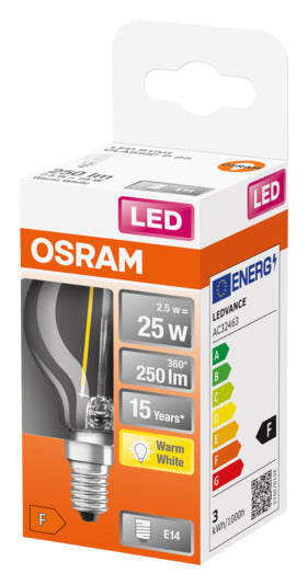 OSRAM LED-Lampe E14 2.5W, 250lm, warmweiß, klare Retro-Optik, energieeffizient, ideal für gemütliche Beleuchtung.