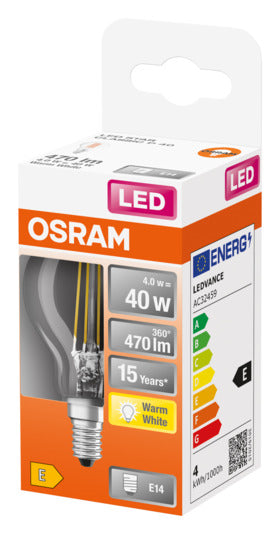 OSRAM LED-Lampe E14, 4W, 470lm, warmweiß, klare Optik, energieeffizient, ideal für gemütliche Beleuchtung in Wohnräumen.