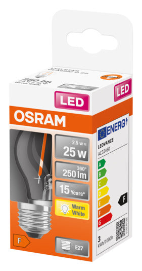 OSRAM LED-Lampe E27, 4W, 250lm, warmweiß, klare Retro-Optik, energieeffizient, ideal für gemütliche Beleuchtung.