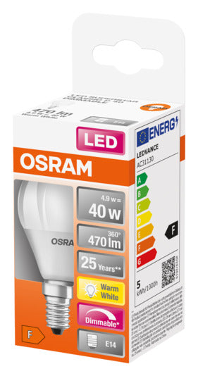 OSRAM LED-Lampe E14, 4.5W, 470lm, dimmbar, warmweiß, matt, energieeffizient, ideal für gemütliche Beleuchtung.