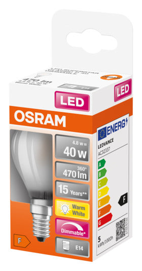 OSRAM LED-Lampe E14, 5W, 470lm, dimmbar, warmweiß, frosted, energiesparend, ideal für gemütliche Beleuchtung.