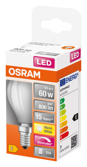 OSRAM LED-Lampe E14, 6.5W, 806lm, warmweiß, frosted, energieeffizient, ideal für gemütliche Beleuchtung.