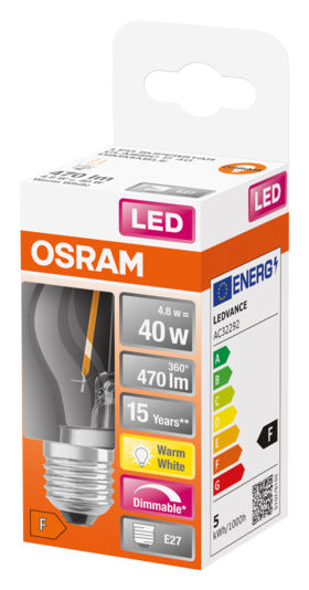 OSRAM LED-Lampe E27, 5W, 470lm, dimmbar, warmweiß, klare Retro-Optik, energieeffizient, ideal für gemütliche Beleuchtung.