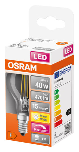 OSRAM LED-Lampe E14, 5W, 470lm, dimmbar, warmweiß, klare Optik, energieeffizient, ideal für gemütliche Beleuchtung.