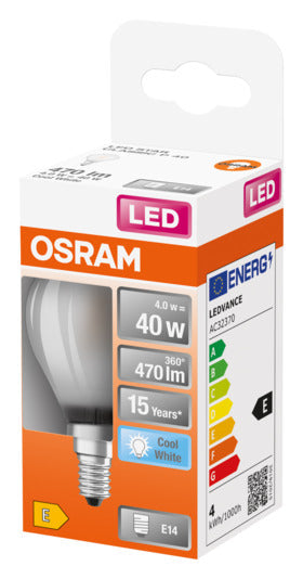 OSRAM LED-Lampe Retrofit Superstar Classic P E14, 4W, 470lm, frosted, Cool White, energieeffizient, langlebig, modernes Design.