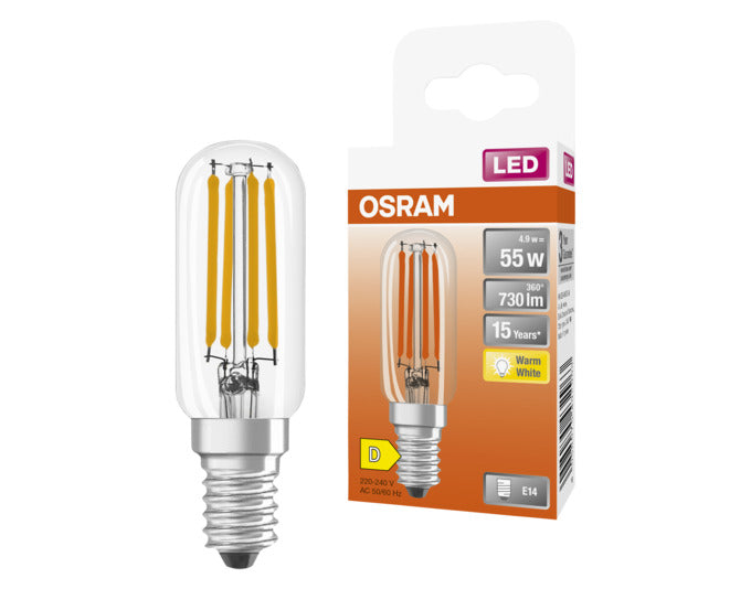 OSRAM LED-Lampe T26 E14, 4.9W, 730lm, klar, warmweiß, energieeffizient, langlebig, ideal für dekorative Beleuchtung.