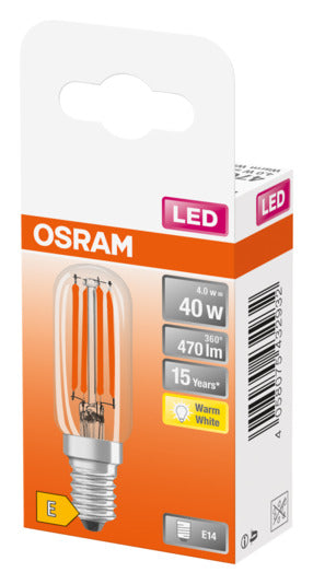 OSRAM LED-Lampe T26 E14, 4.2W, 470lm, warmweiß, klare Optik, energieeffizient, ideal für dekorative Beleuchtung.