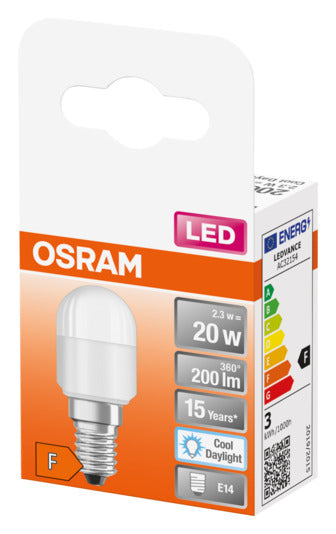 OSRAM LED-Lampe T26 E14, 2.3W, 200lm, frosted, Cool Daylight, energieeffizient, langlebig, ideal für klare, helle Beleuchtung.