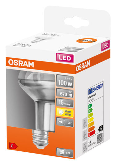 OSRAM LED-Lampe Star R80 E27, 9.1W, 670lm, warmweißes Licht, energieeffizient, ideal für gemütliche Beleuchtung.