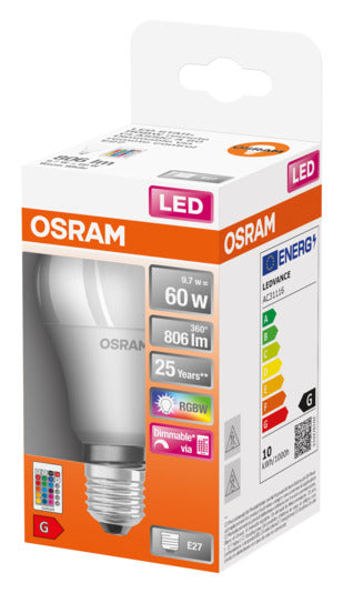OSRAM LED-Lampe Classic A RGBW E27, 9W, 806lm, frosted, energiesparend, dimmbar, farbwechselnd, ideal für stimmungsvolle Beleuchtung.