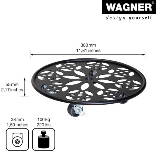 Pflanzenroller GH0936 von WAGNER, schwarz, ø 30 cm, stabil und mobil, ideal für Pflanzen, schützt Böden und erleichtert das Verschieben.