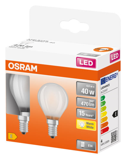 OSRAM LED-Lampe E14, 4W, 470lm, warmweiß, frosted, energiesparend, klassisches Design, ideal für gemütliche Beleuchtung.