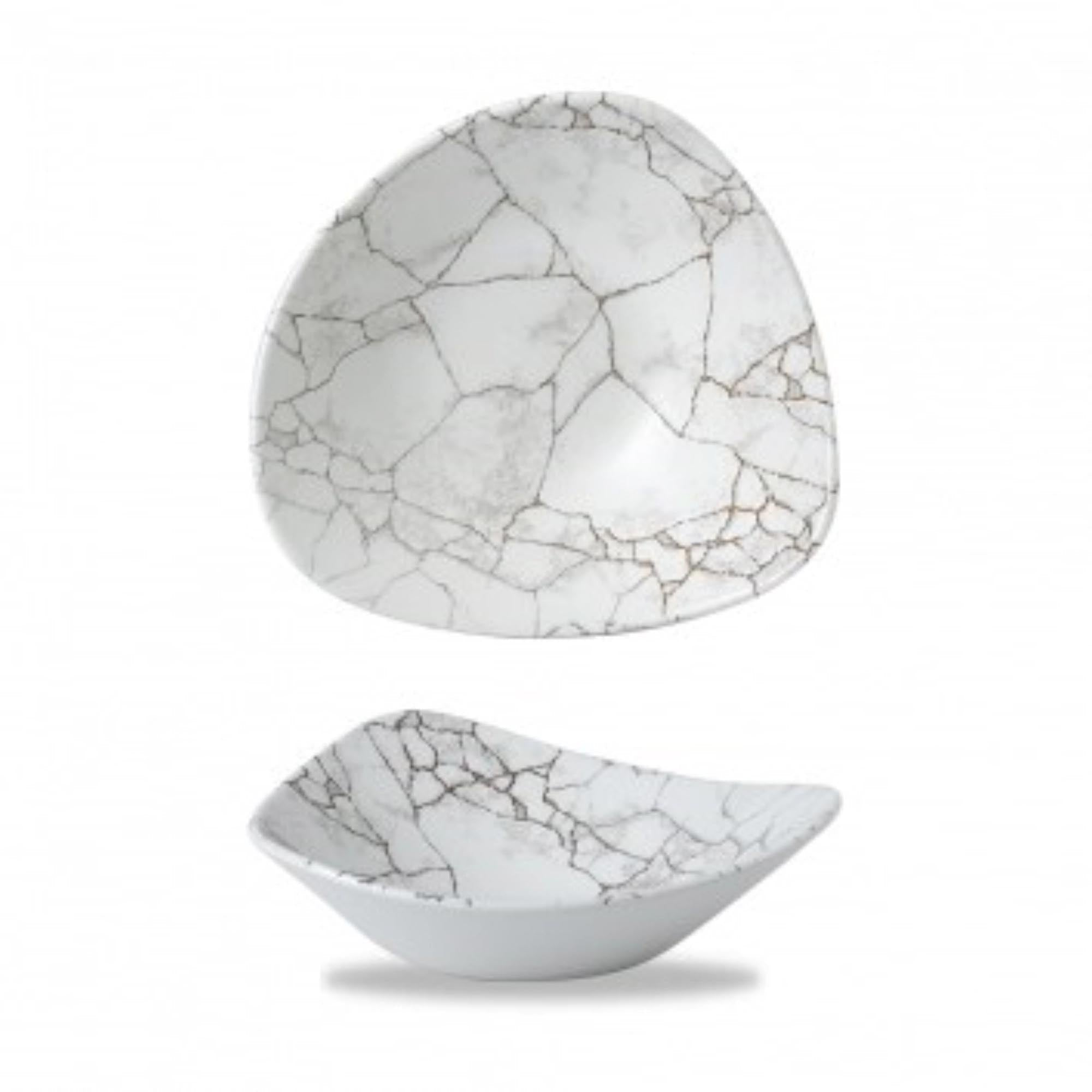 Elegante Porzellan-Triangelschüssel, 23.5cm, Kintsugi-Design, graue Unikate, spülmaschinenfest, stilvoll für Salate & Desserts.