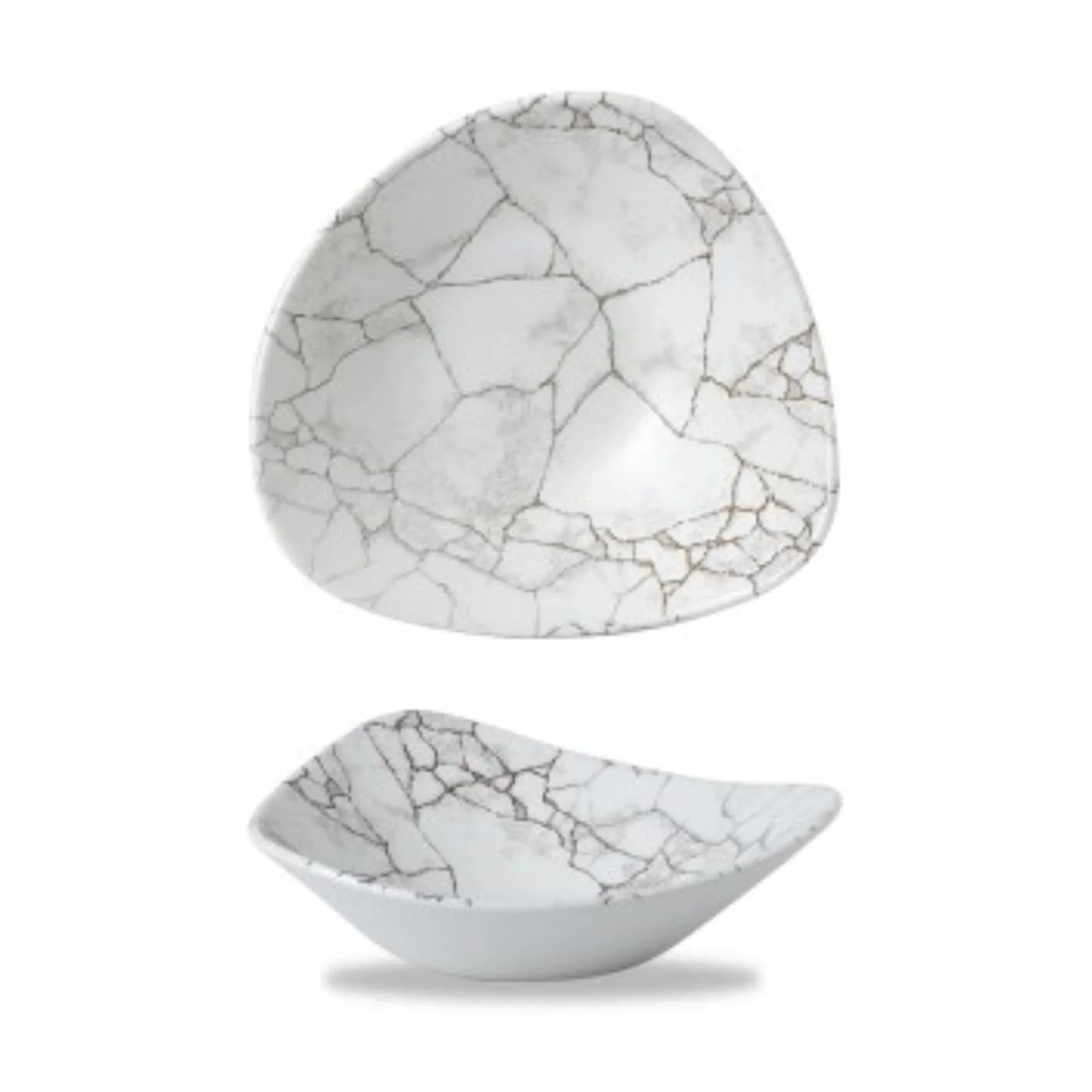 Elegante Porzellan-Triangelschüssel, 23.5cm, Kintsugi-Design, graue Unikate, spülmaschinenfest, stilvoll für Salate & Desserts.
