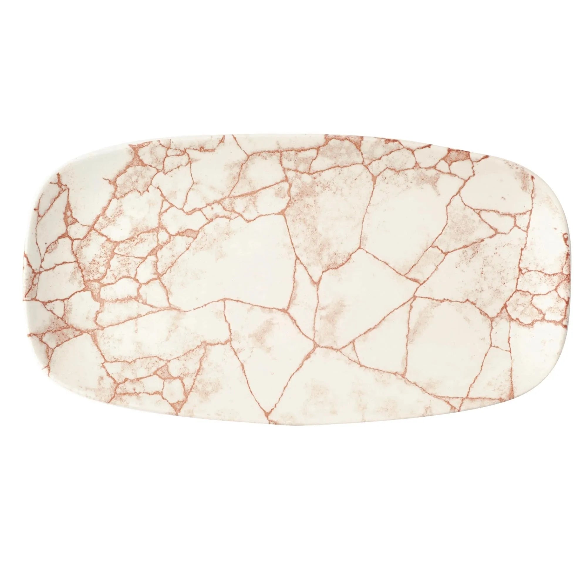 Elegante Porzellanplatte (29.8x15.3cm) in Koralltönen, inspiriert von Kintsugi. Ideal für stilvolle Präsentationen.