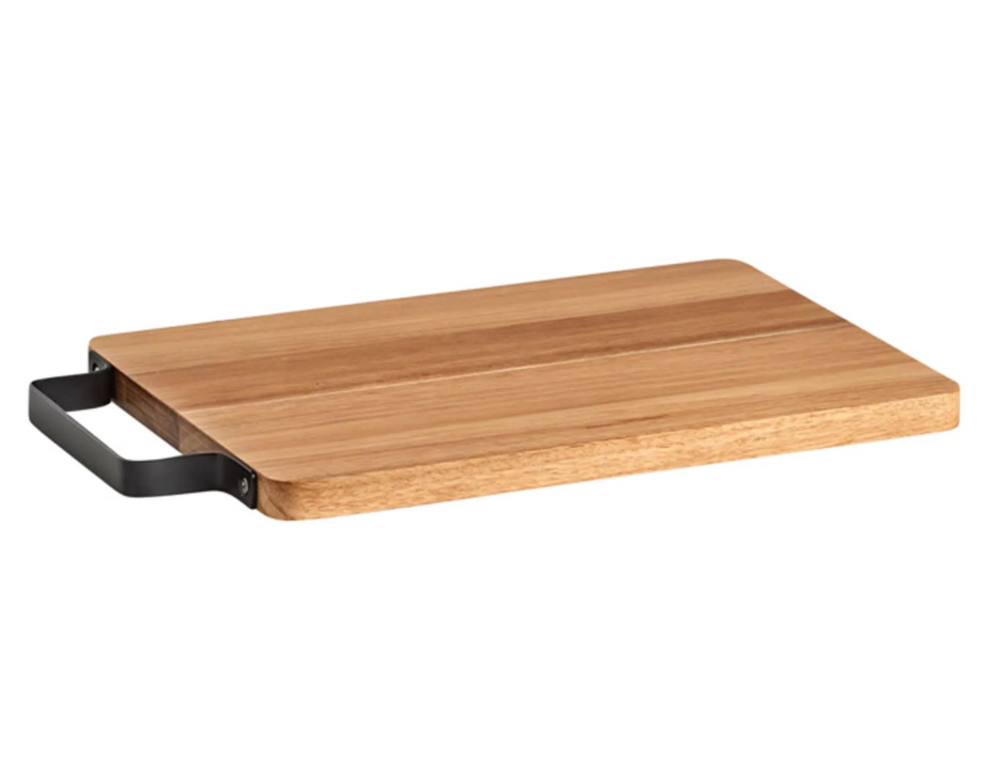 Elegantes Akazienholz-Schneidbrett (28x20 cm) mit Metallgriff: robust, antibakteriell, vielseitig als Servierplatte nutzbar.