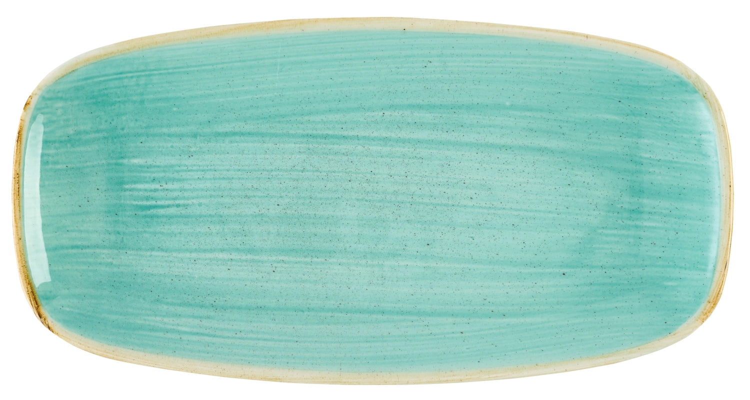 Die Stonecast Mint Chefs Oblong Platte von Churchill: robustes Porzellan, spülmaschinenfest, mintfarben, ideal für kreative Speisenpräsentation.