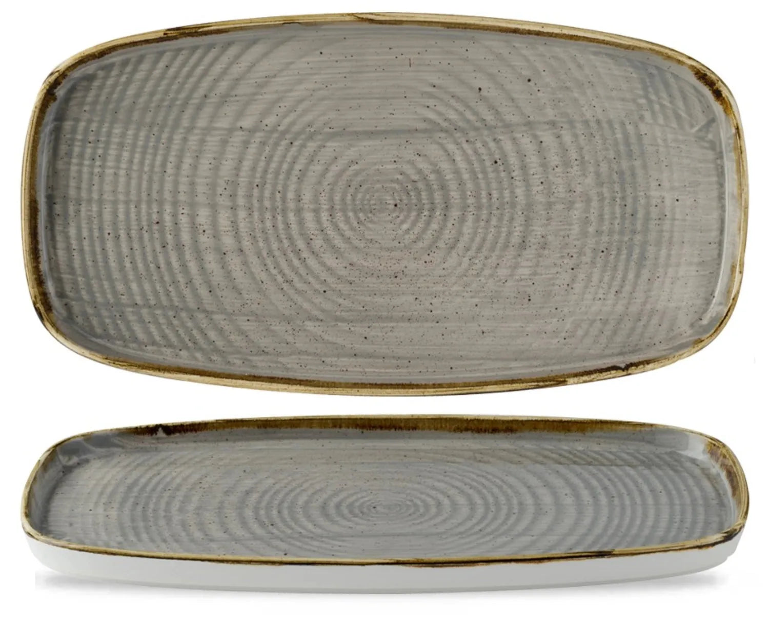 Elegante Porzellanplatte in Peppercorn Grey, 30x15,4 cm, ideal für kreative Speisenpräsentation, kratzfest und spülmaschinengeeignet.