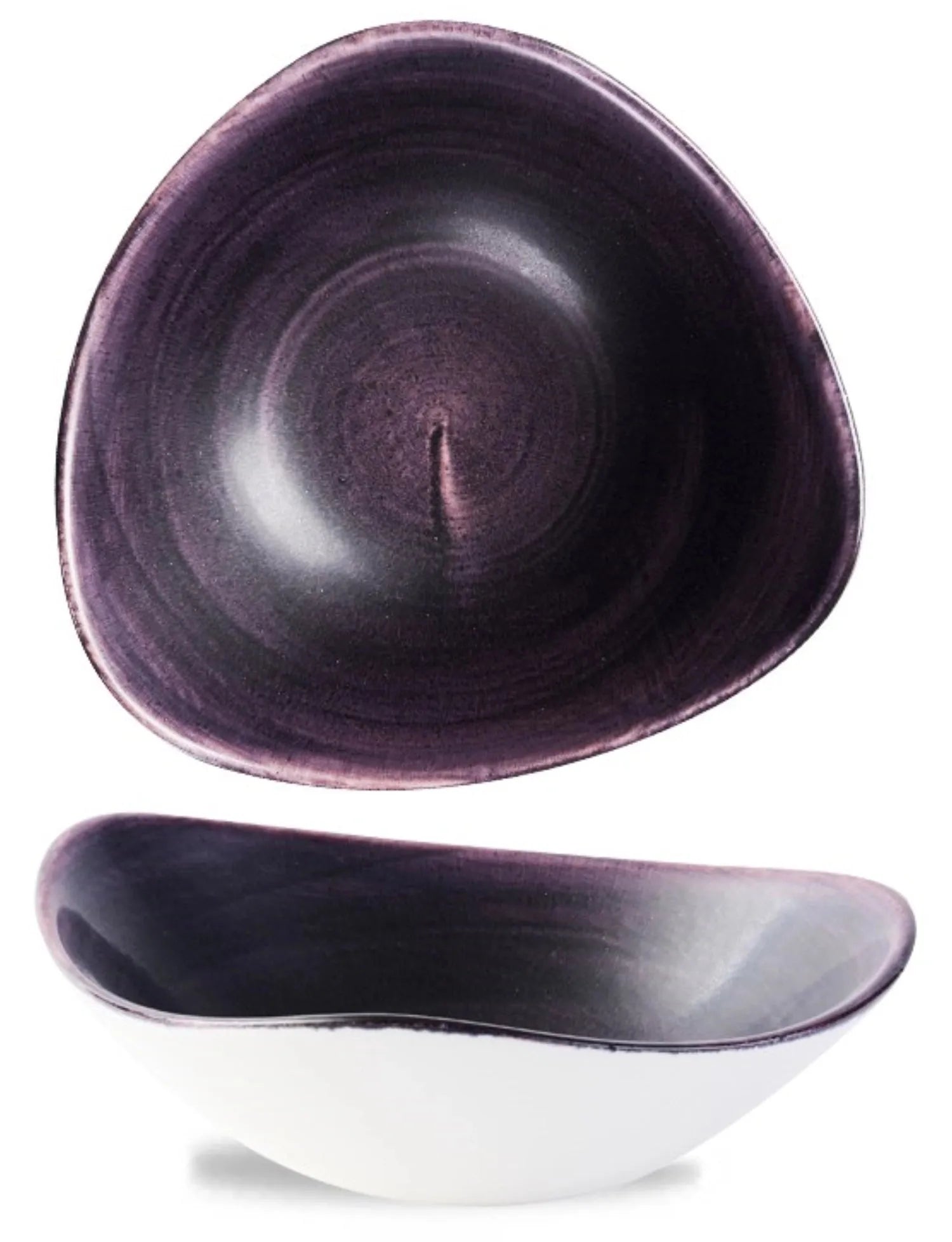 Dreieckige Schüssel in tiefem Violett, ideal für stilvolle Präsentationen.