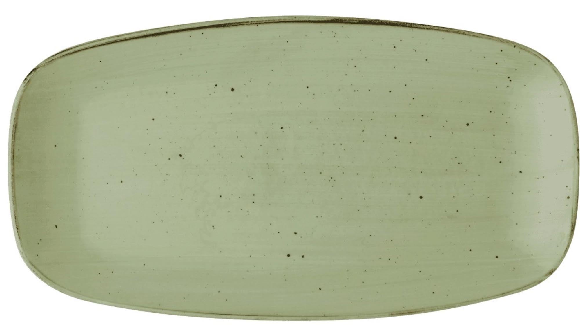 Elegante, langlebige Porzellanplatte in Salbeigrün, ideal für kreative Speisenpräsentationen in Gastronomie und Zuhause.
