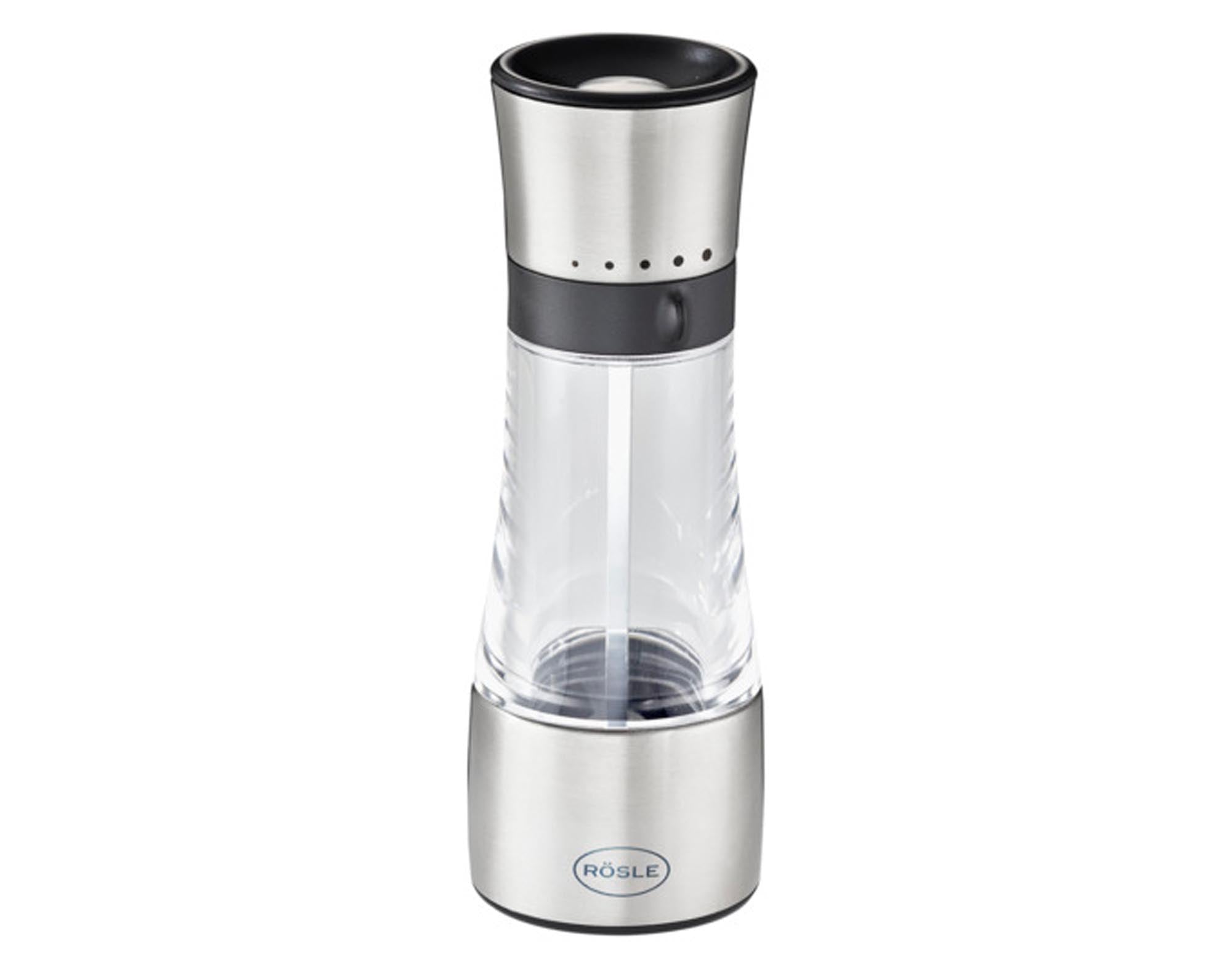 Elegante RÖSLE Gewürzmühle Inox: Robuster Edelstahl, transparentes Glas, ergonomischer Griff. Perfekt für Pfeffer & Salz. Langlebig & stilvoll.