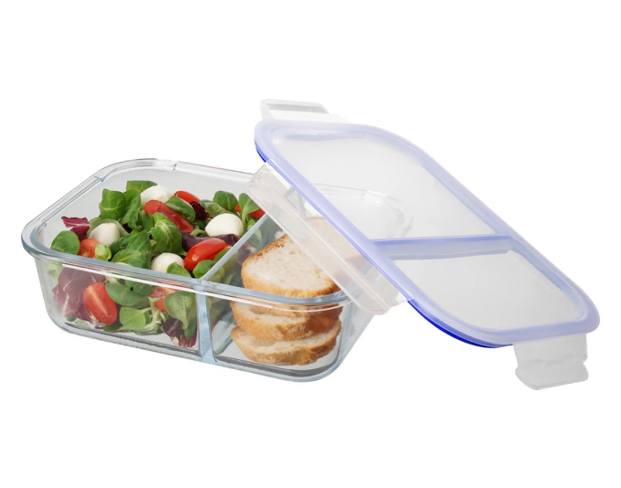 Elegante Frischhaltedose aus Glas mit 2 Abteilen, Clip-Verschluss, mikrowellen- und spülmaschinenfest, ideal für Büro und Picknick.