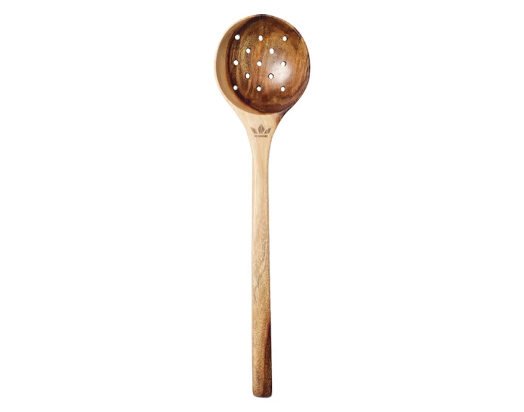 Eleganter 30.5 cm Holzlöffel aus Akazie von DUTCHDELUXES, langlebig, mit Löchern für einfaches Abtropfen, umweltfreundlich.