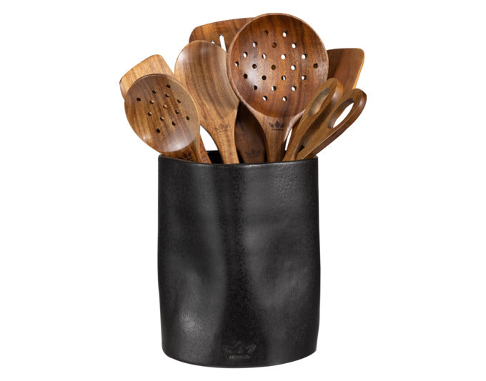 Eleganter schwarzer Utensilienhalter von DUTCHDELUXES, matt, ø 14.5 cm, ideal für stilvolle Küchenorganisation.