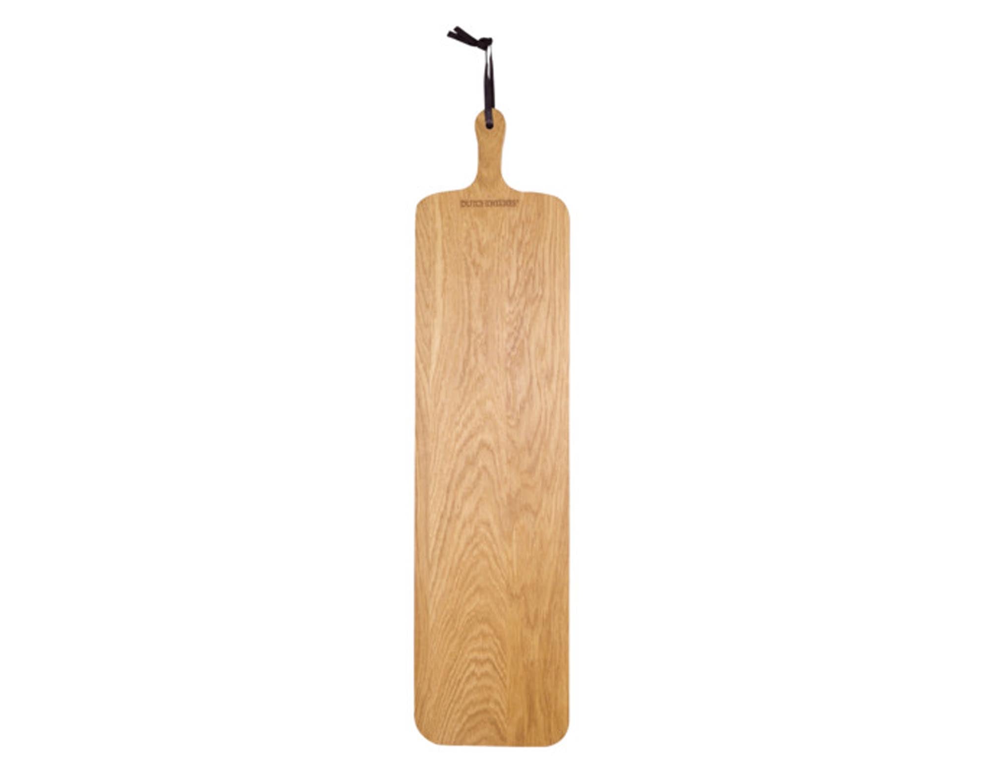 Elegantes Eichenholz-Schneidbrett 70x19 cm von DUTCHDELUXES: robust, schnittfest, antibakteriell, ideal für Küche und Servieren.