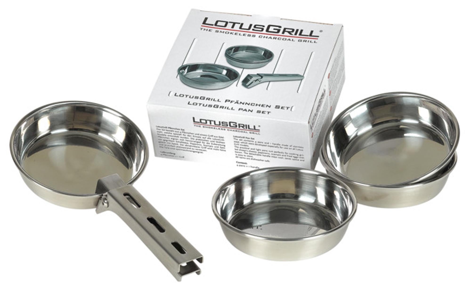 Das 4-teilige Pfännchen-Set Inox von LOTUS GRILL: Hochwertiger Edelstahl, gleichmäßige Hitzeverteilung, ideal für Gemüse, Meeresfrüchte und Fleisch.