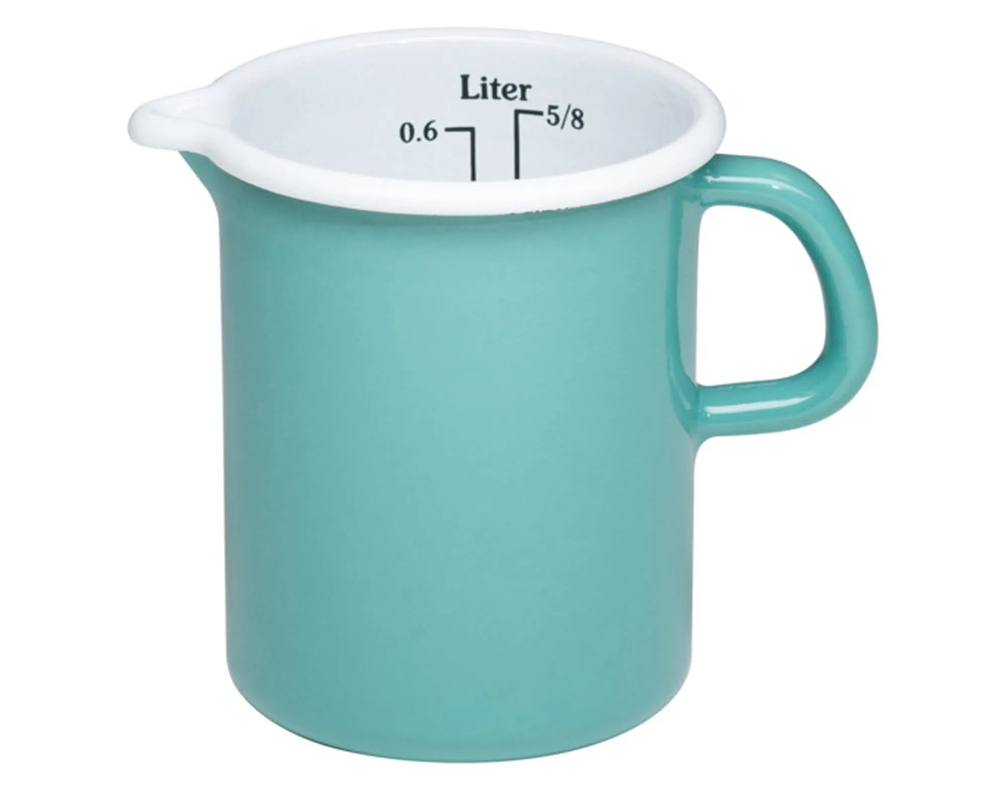 Kompakter 0.5 l Messbecher von RIESS aus emailliertem Stahl, kratzfest, hygienisch, präzise Skala, stilvolles Design.
