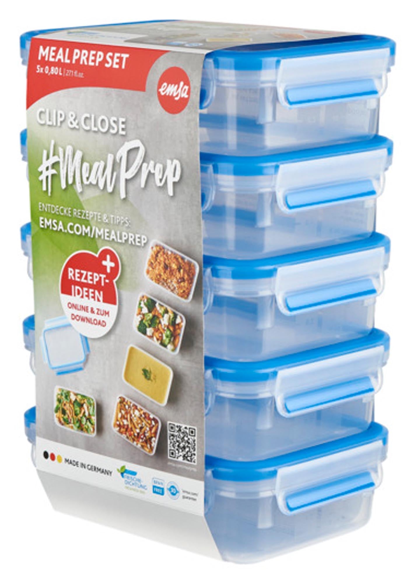 Das EMSA Clip & Close Mealprep Set: 5 luftdichte, BPA-freie Dosen à 0,8 l. Ideal für frische, gesunde Mahlzeiten. Mikrowellen- und spülmaschinenfest.
