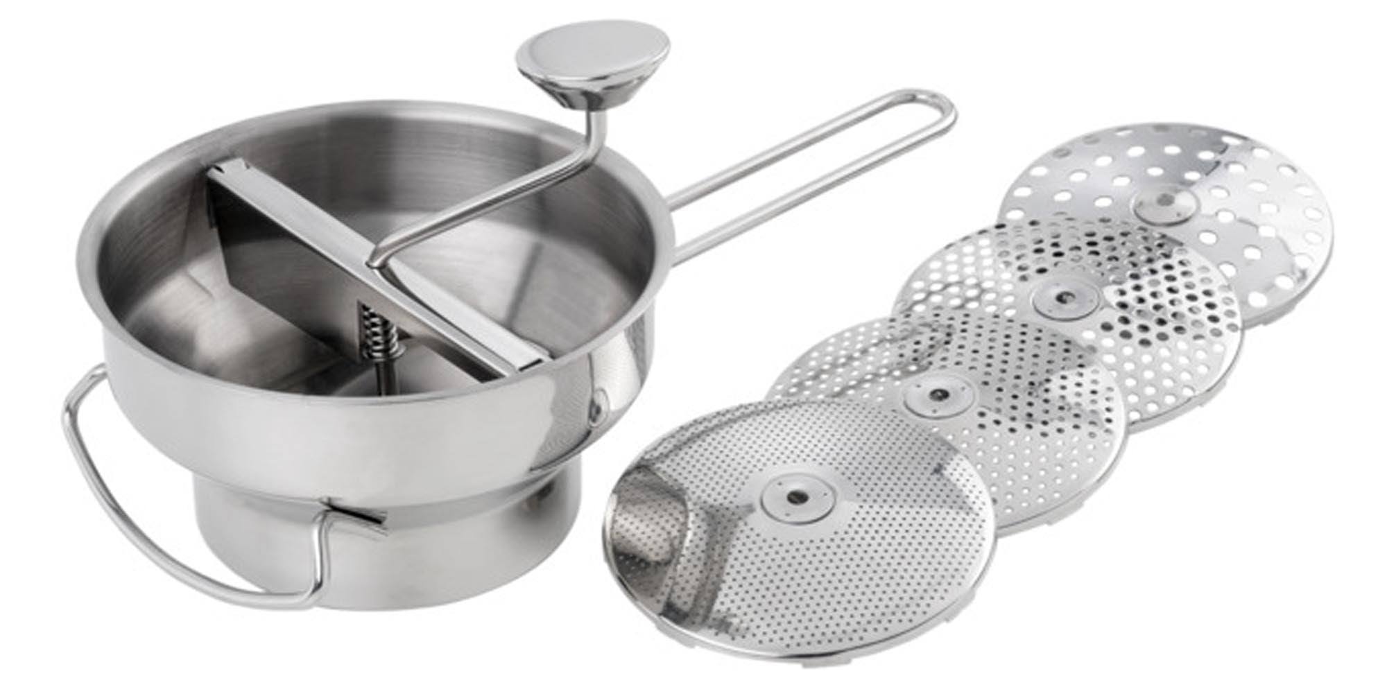Vielseitiges Passiergerät von EVA COLLECTION: 4 Edelstahlscheiben für Pürees, Saucen & Suppen. Ergonomisch, robust & kompakt.