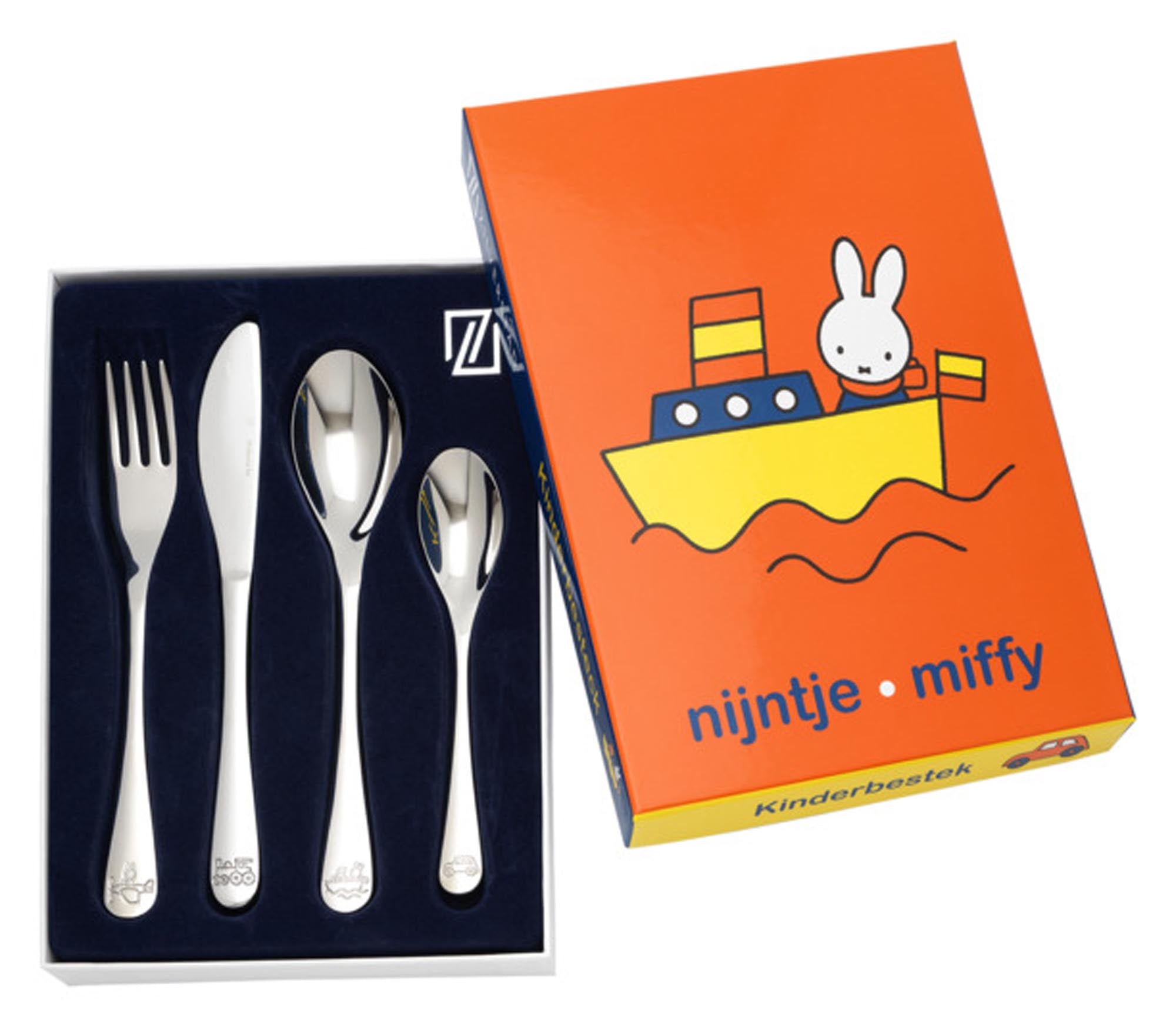 Das ZILVERSTAD Kinderbesteck Miffy Fahrzeuge ist ein 4-teiliges Set mit niedlichen Fahrzeugmotiven, ideal für kleine Kinderhände.