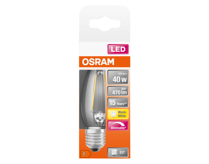 OSRAM LED-Lampe E27, 4.8W, 470lm, dimmbar, warmweiß, klare Retro-Optik, energieeffizient, ideal für gemütliche Beleuchtung.