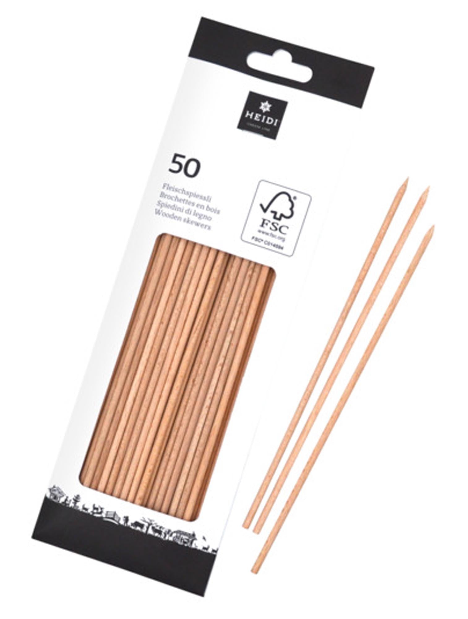 HEIDI Holzspiessli: 50 robuste, 20 cm lange Spiesse für Fondue. Umweltfreundlich, hitzebeständig, ideal für gesellige Abende.