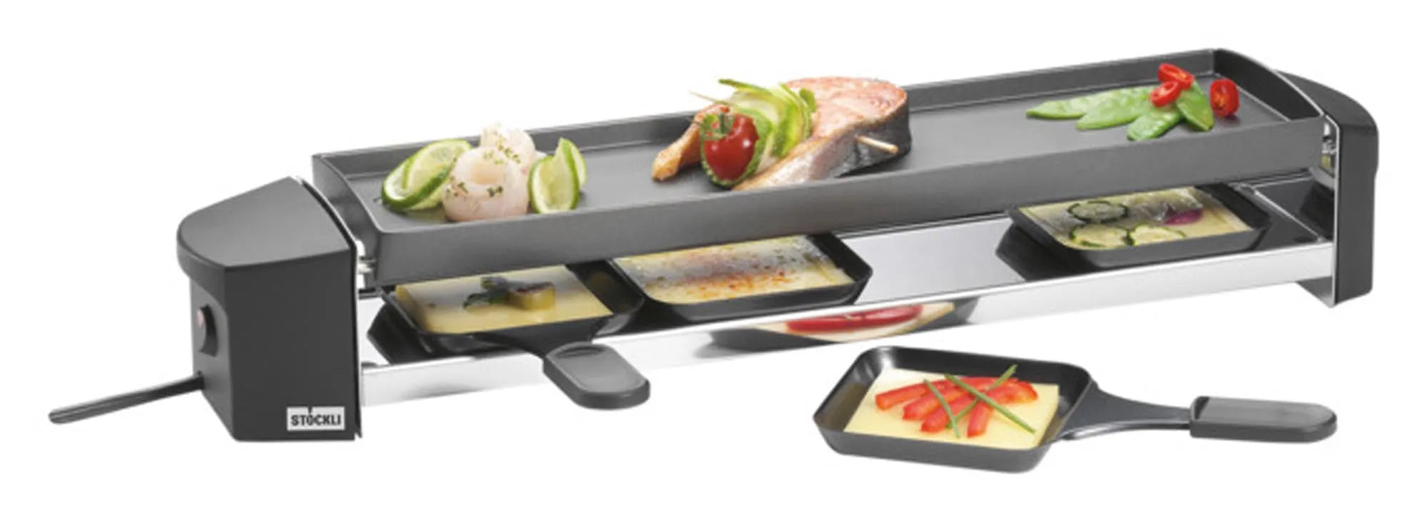 Kompakter Raclettegrill für 4 Personen in elegantem Anthrazit, ideal für gemütliche Abende mit Käsegenuss.