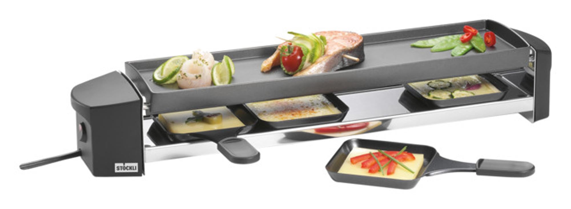 Kompakter Raclettegrill für 4 Personen in elegantem Anthrazit, ideal für gemütliche Abende mit Käsegenuss.