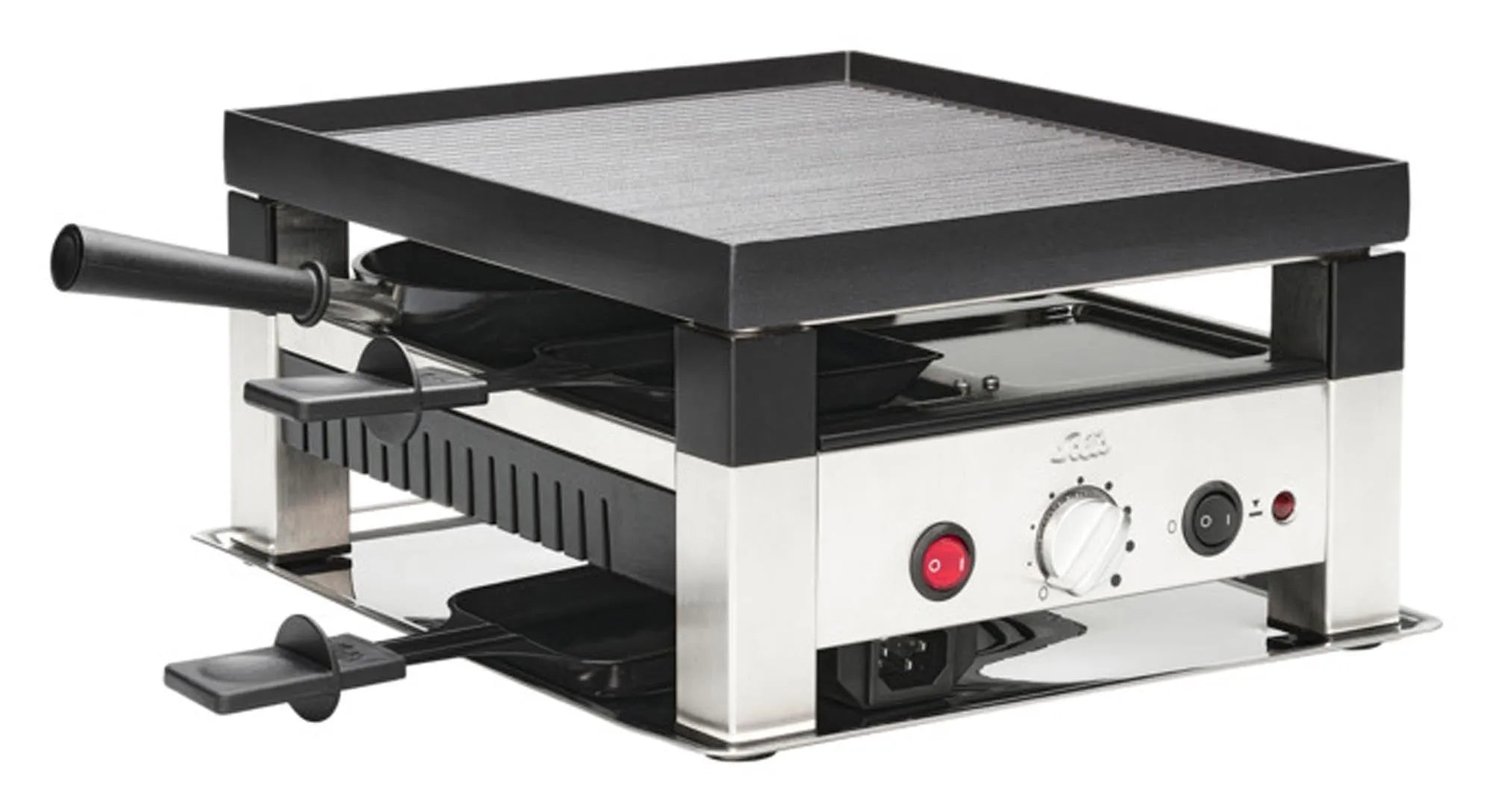 Raclettegrill 5in1 von SOLIS: Vielseitig für 4 Personen, mit Grillplatte, Crêpe-Platte, Mini-Woks und Raclette-Pfännchen.